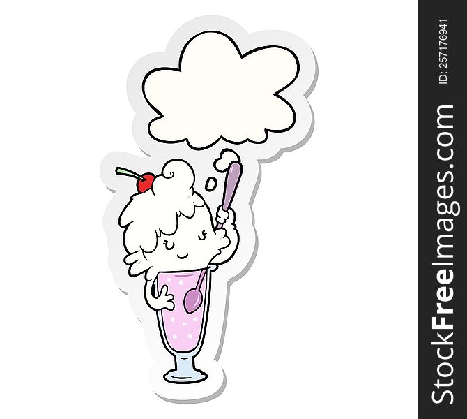 cartoon ice cream soda girl with thought bubble as a printed sticker