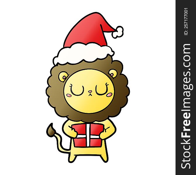 hand drawn gradient cartoon of a lion with christmas present wearing santa hat