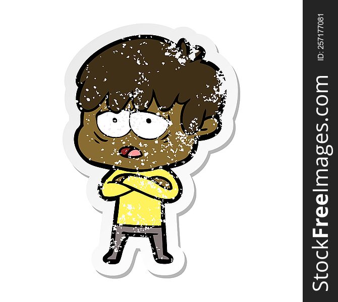 Distressed Sticker Of A Cartoon Exhausted Boy