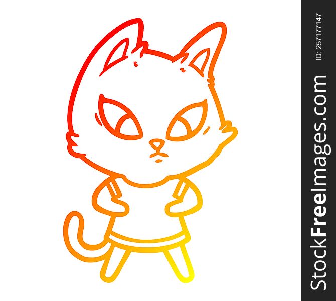 warm gradient line drawing of a confused cartoon cat in clothes
