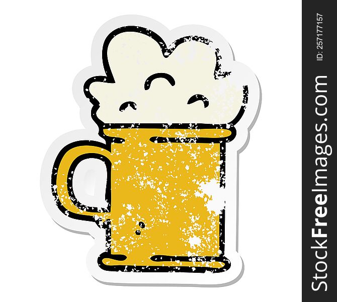 distressed sticker of a quirky hand drawn cartoon tankard of beer