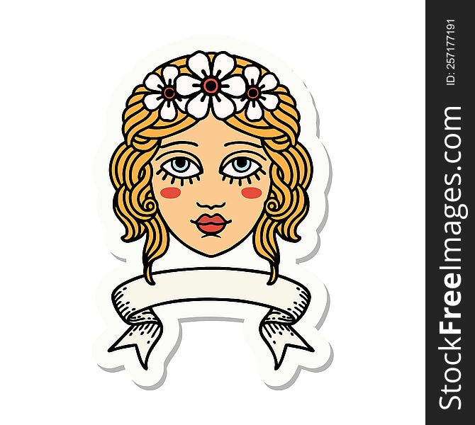 tattoo style sticker with banner of female face with crown of flowers