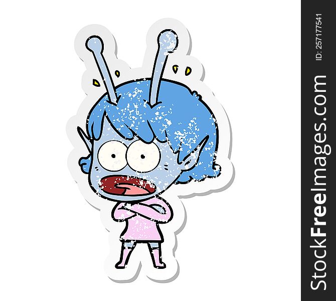 distressed sticker of a cartoon shocked alien girl