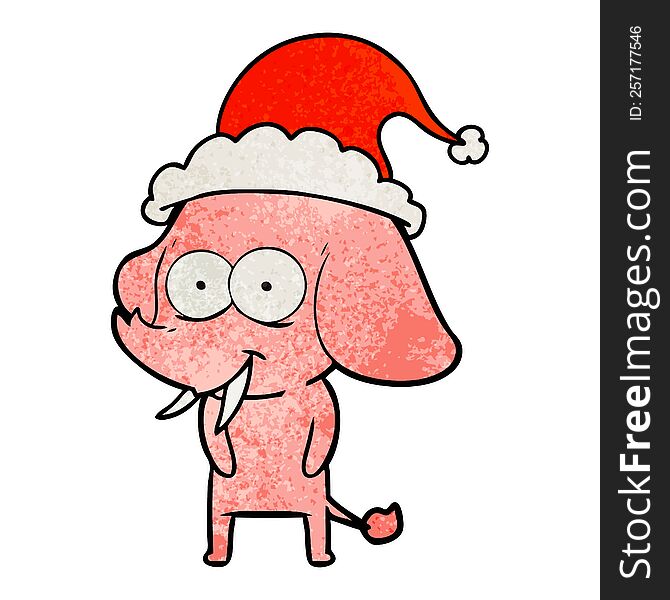 Happy Textured Cartoon Of A Elephant Wearing Santa Hat
