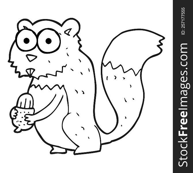 freehand drawn black and white cartoon angry squirrel with nut