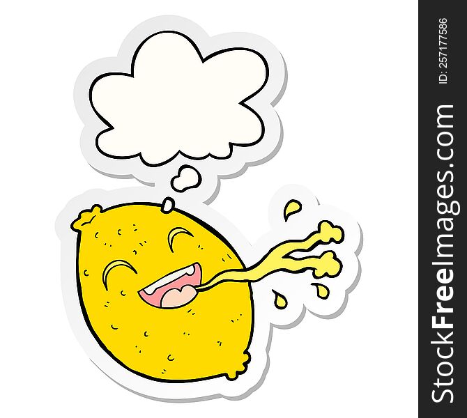 cartoon squirting lemon with thought bubble as a printed sticker