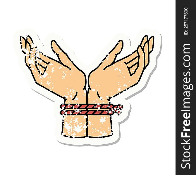 distressed sticker tattoo in traditional style of a pair of tied hands. distressed sticker tattoo in traditional style of a pair of tied hands