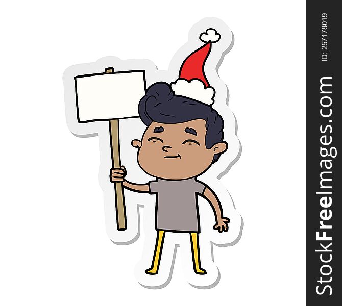 happy hand drawn sticker cartoon of a man with sign wearing santa hat. happy hand drawn sticker cartoon of a man with sign wearing santa hat