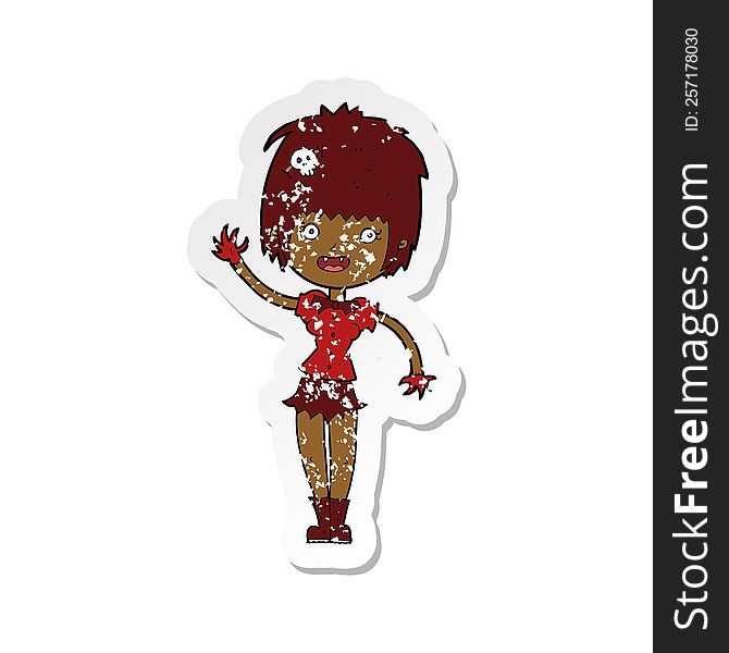 Retro Distressed Sticker Of A Cartoon Waving Vampire Girl