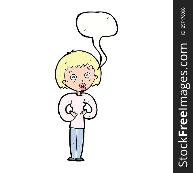 cartoon woman gesturing at self with speech bubble