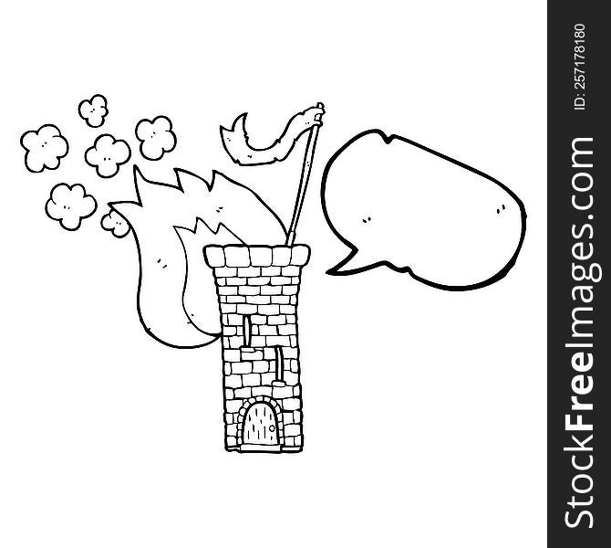 freehand drawn speech bubble cartoon old castle tower waving white flag