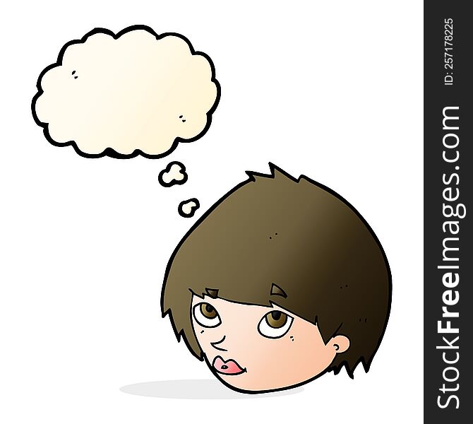 cartoon female face looking up with thought bubble