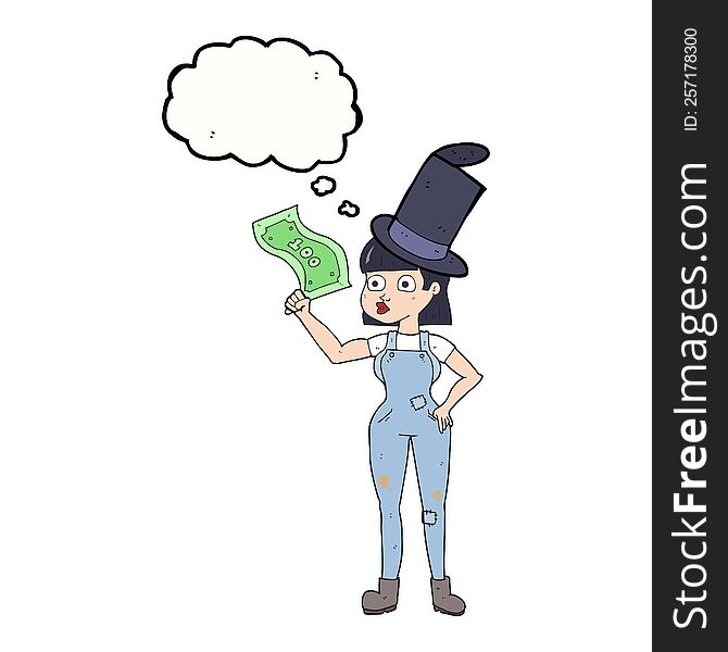 freehand drawn thought bubble cartoon woman holding on to money