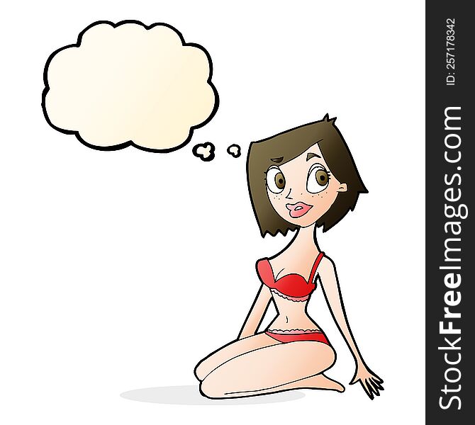 Cartoon Pretty Woman In Underwear With Thought Bubble