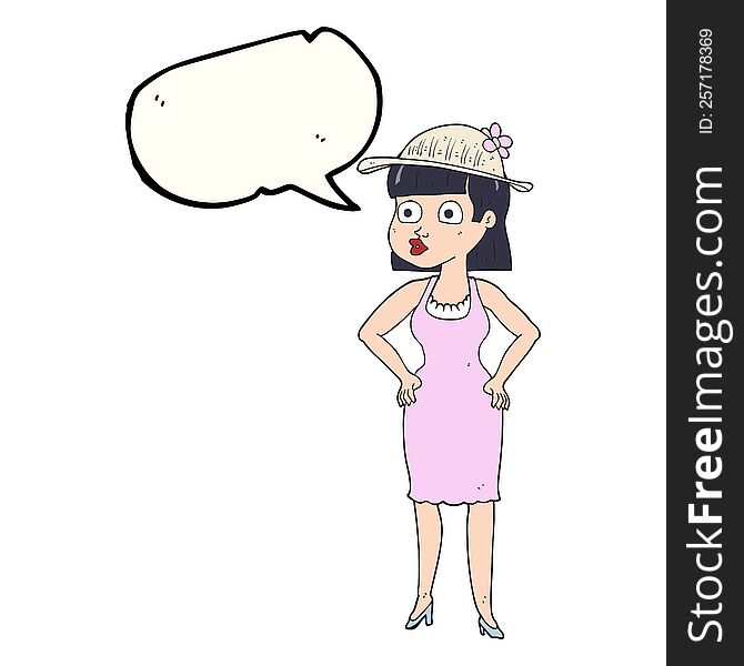 freehand drawn speech bubble cartoon woman wearing sun hat