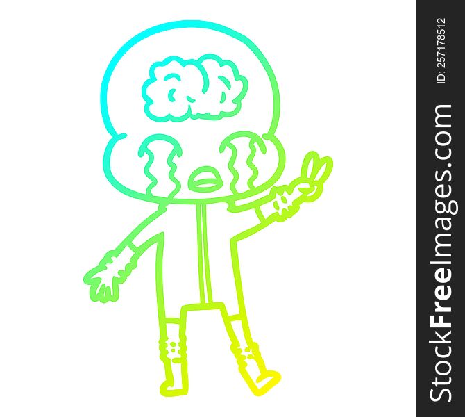 cold gradient line drawing of a cartoon big brain alien crying and giving peace sign