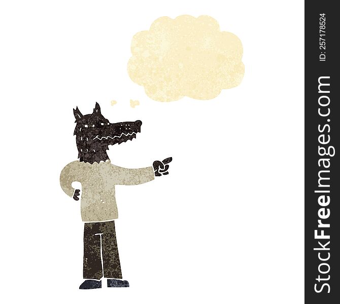 Cartoon Pointing Wolf Man With Thought Bubble