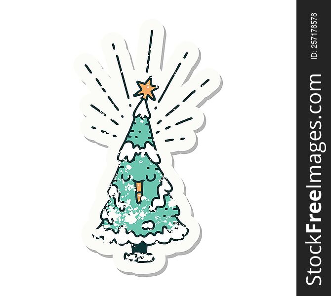 worn old sticker of a tattoo style happy christmas tree. worn old sticker of a tattoo style happy christmas tree
