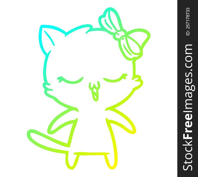 cold gradient line drawing cartoon cat with bow on head