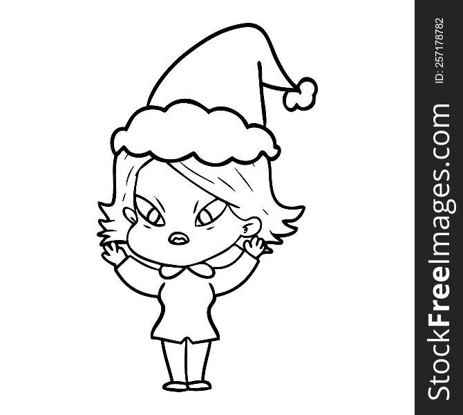 hand drawn line drawing of a stressed woman wearing santa hat