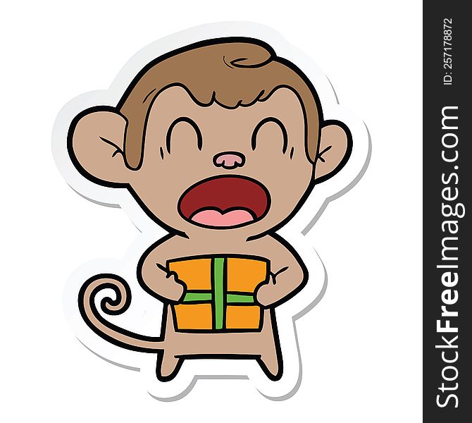 Sticker Of A Shouting Cartoon Monkey Carrying Christmas Gift