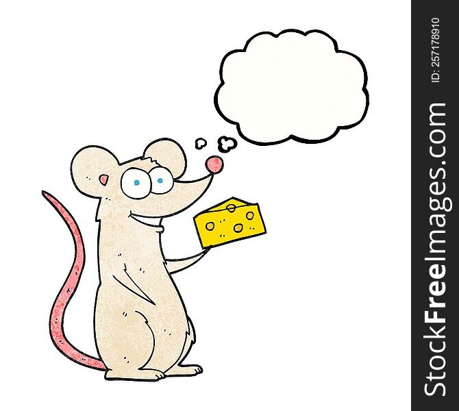 freehand drawn thought bubble textured cartoon mouse with cheese