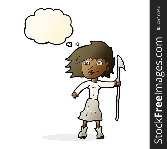 Cartoon Woman With Spear With Thought Bubble