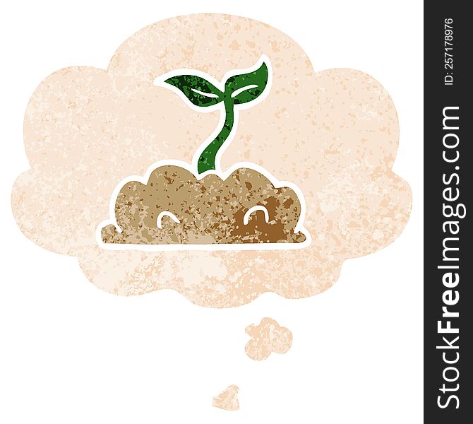 cartoon growing seedling with thought bubble in grunge distressed retro textured style. cartoon growing seedling with thought bubble in grunge distressed retro textured style