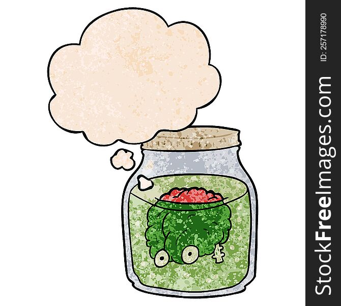 Cartoon Spooky Brain In Jar And Thought Bubble In Grunge Texture Pattern Style
