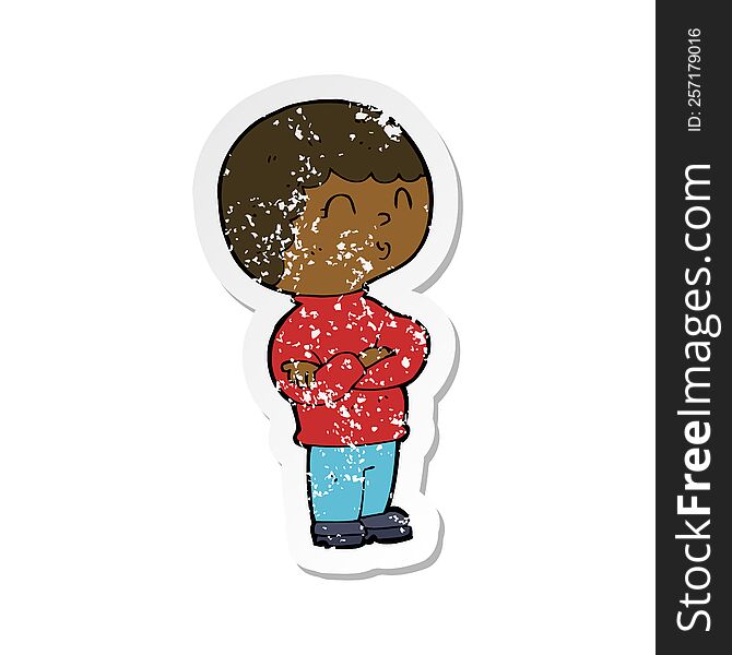 retro distressed sticker of a cartoon boy with folded arms