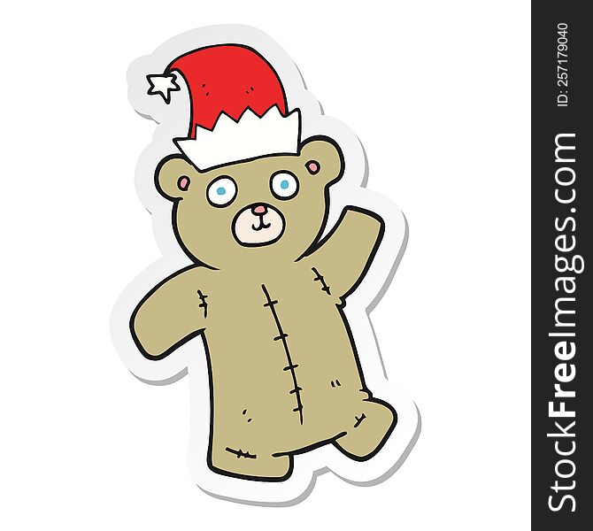 Sticker Of A Cartoon Teddy Bear Wearing Christmas Hat