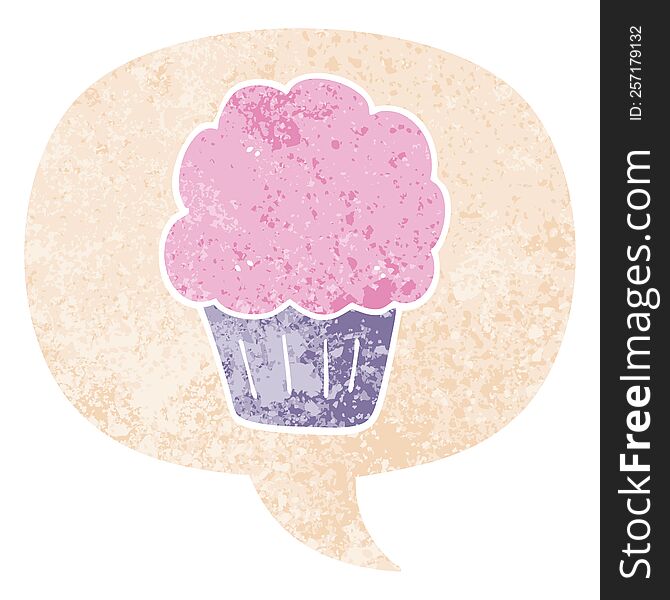 Cartoon Cupcake And Speech Bubble In Retro Textured Style