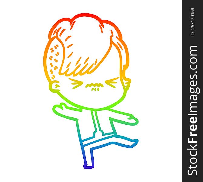 rainbow gradient line drawing of a cartoon annoyed hipster girl wearing space suit