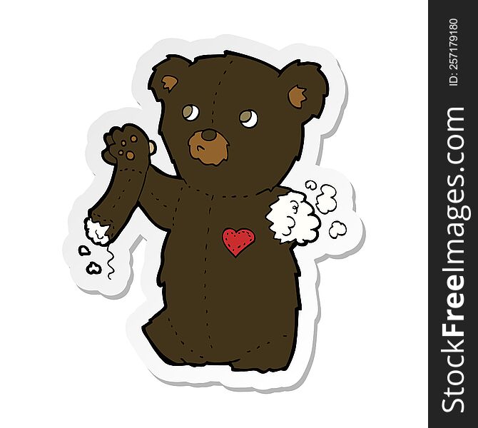 sticker of a cartoon teddy black bear with torn arm