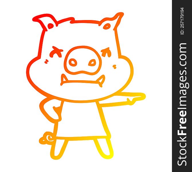 Warm Gradient Line Drawing Angry Cartoon Pig In Dress Pointing