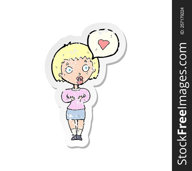 Retro Distressed Sticker Of A Cartoon Surprised Woman In Love