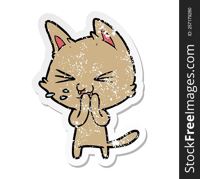 distressed sticker of a cartoon cat hissing