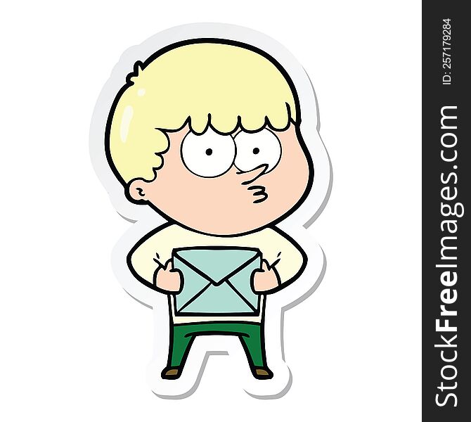 Sticker Of A Cartoon Curious Boy Carrying A Gift