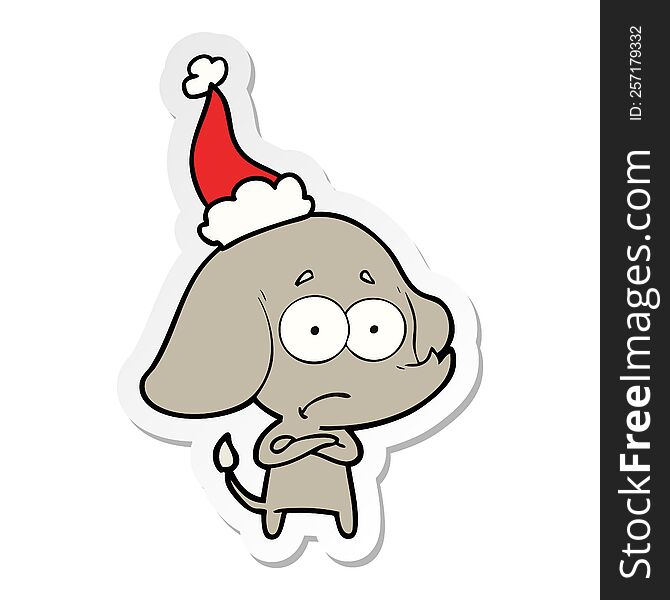 hand drawn sticker cartoon of a unsure elephant wearing santa hat