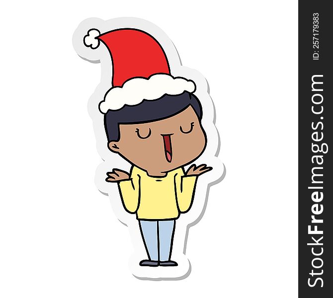 hand drawn sticker cartoon of a happy boy with no worries wearing santa hat