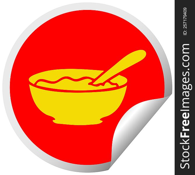 circular peeling sticker quirky cartoon bowl of porridge. circular peeling sticker quirky cartoon bowl of porridge