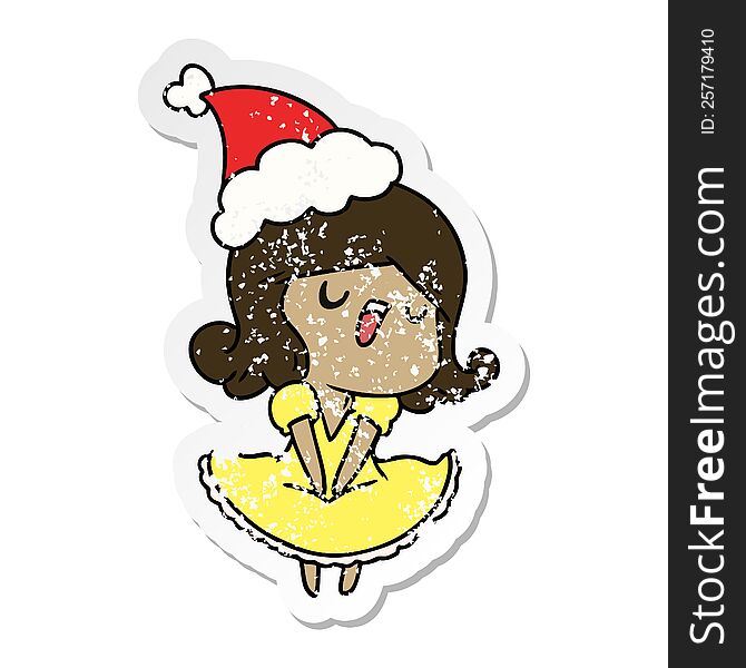 hand drawn christmas distressed sticker cartoon of kawaii girl
