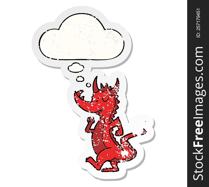cartoon cute dragon with thought bubble as a distressed worn sticker
