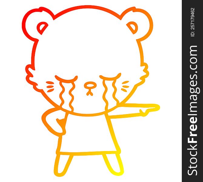 Warm Gradient Line Drawing Crying Cartoon Bear In Dress Pointing