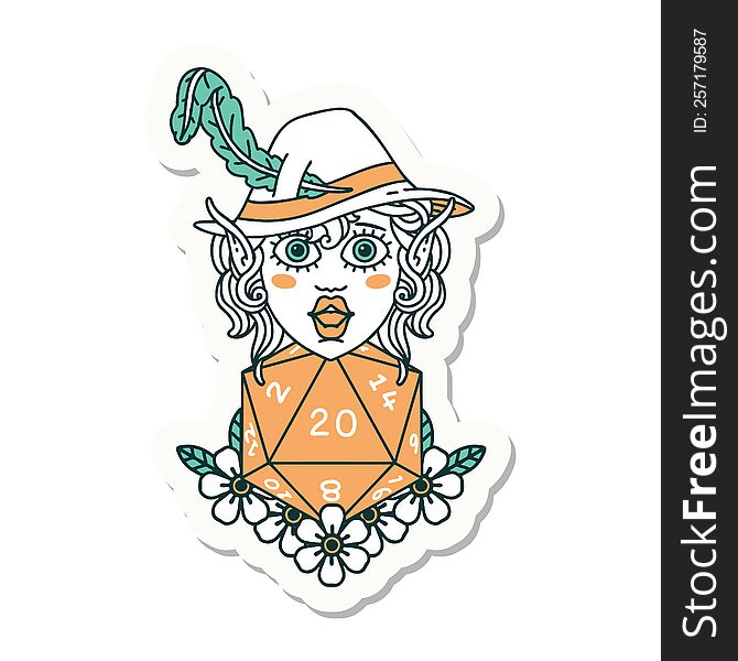 Elf Bard Character With Natural Twenty Dice Roll Sticker