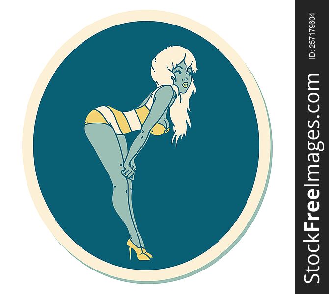 tattoo style sticker of a pinup girl in swimming costume