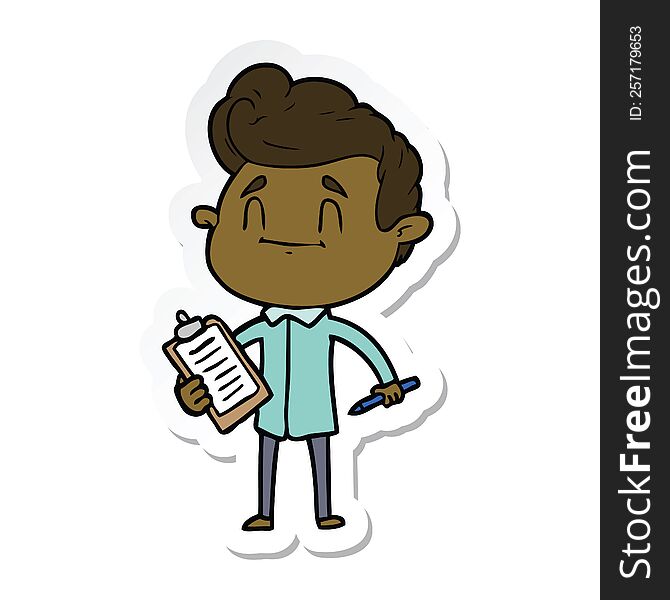 Sticker Of A Happy Cartoon Man With Pen And Clipboard