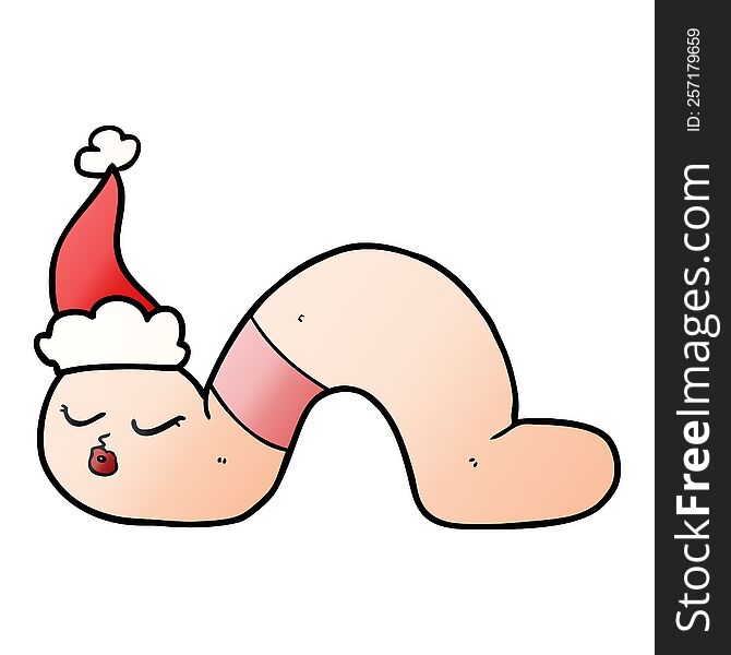Gradient Cartoon Of A Worm Wearing Santa Hat