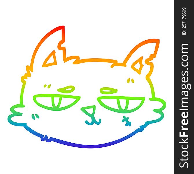 rainbow gradient line drawing of a cartoon tough cat face