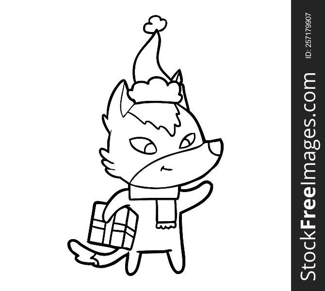 Friendly Line Drawing Of A Christmas Wolf Wearing Santa Hat
